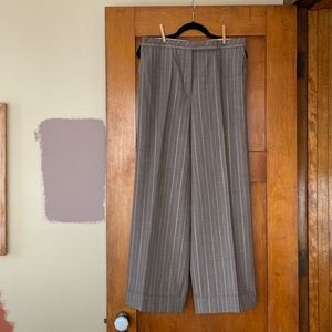 Unlined wool wide leg pants, vintage Escada sz 44, cuffed taupe gold pinstripe